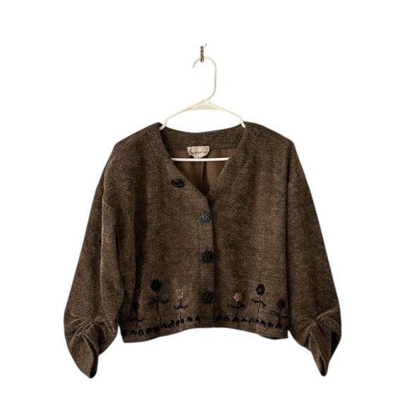 Vintage Surrealist Button Up Cropped Cardigan Floral Embroidery Large Buttons L - Picture 1 of 12